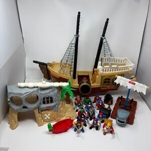 VINTAGE FISHER PRICE GREAT ADVENTURES 1994 PIRATE SHIP W/PIRATES & ACCESSORIES